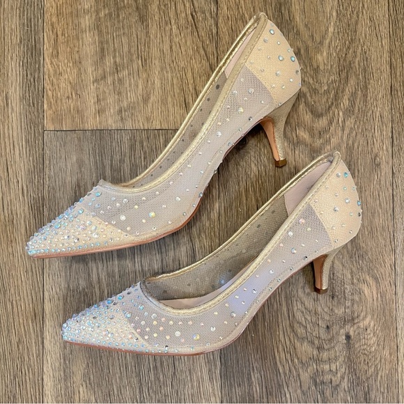Elegant Beige Rhinestone Kitten Heels - Picture 3 of 9